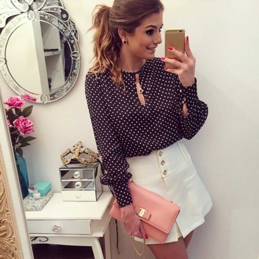 Dark Navy Blue and White Polka Dot Chiffon Blouse